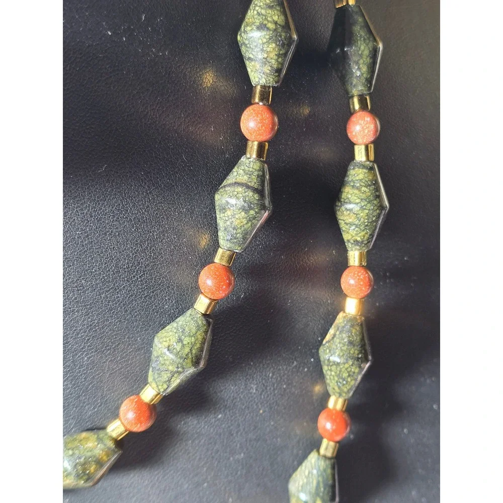 Vintage Serpentine & Goldstone Long Beaded Rope‎ Boho Necklace 32